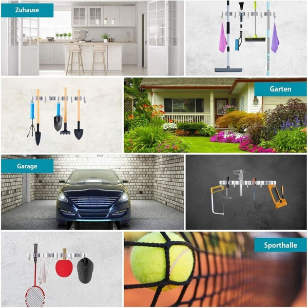 Stainless Steel Wall Mounted Broom Holder Hanger With 4 Slots And 5 Hooks For Kitchen Bathroom Hooks & Hangers