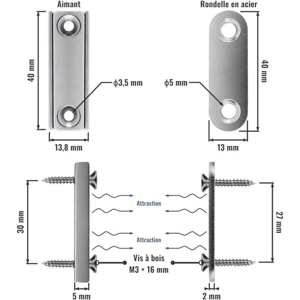 2 Pcs Rectangular Neodymium Magnets With Hole 40X13.8X5mm 15Kg Force + Steel Washers Screws Included Lifting Magnets