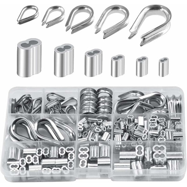 250 Pcs Aluminum Wire Rope Thimbles & Double Barrel Sleeves Assortment Wire & Cable Connectors
