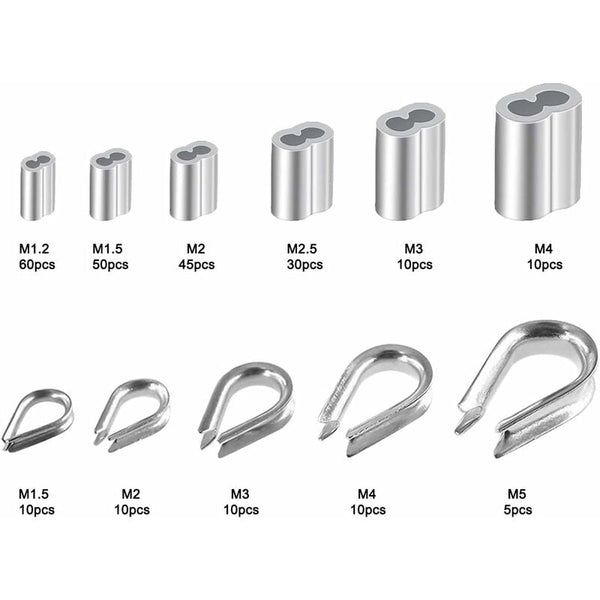 250 Pcs Aluminum Wire Rope Thimbles & Double Barrel Sleeves Assortment Wire & Cable Connectors