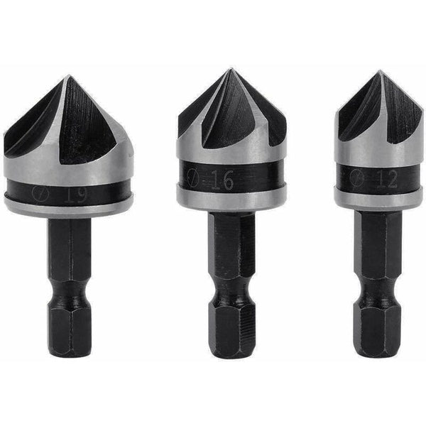 3 Pcs 1/4" Hex Hcs Countersink Bit 5 Flute 12Mm/16Mm/19Mm For Wood Metal Drill Bits