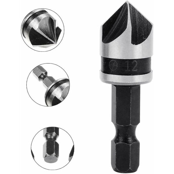 3 Pcs 1/4" Hex Hcs Countersink Bit 5 Flute 12Mm/16Mm/19Mm For Wood Metal Drill Bits
