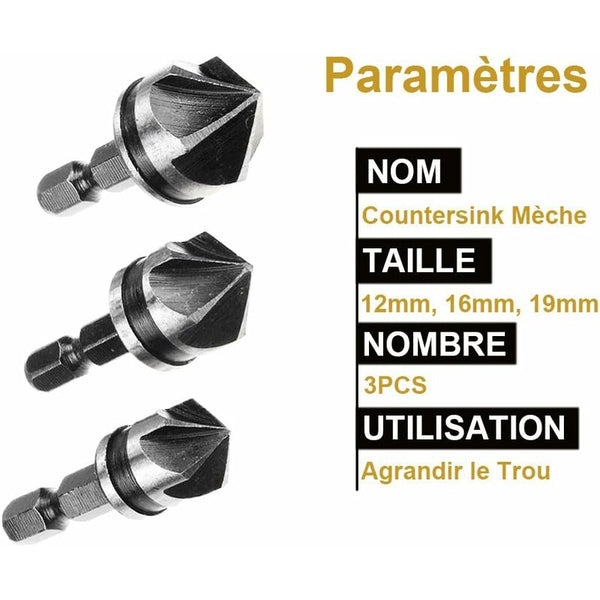 3 Pcs 1/4" Hex Hcs Countersink Bit 5 Flute 12Mm/16Mm/19Mm For Wood Metal Drill Bits