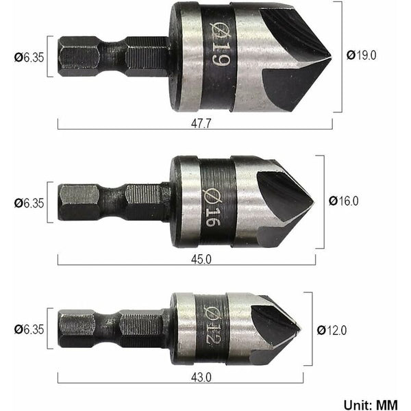 3 Pcs 1/4" Hex Hcs Countersink Bit 5 Flute 12Mm/16Mm/19Mm For Wood Metal Drill Bits