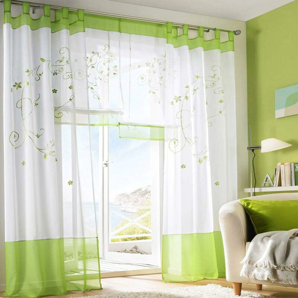 Green Floral Sheer Voile Embroidery Tab Top Curtains 2 Panels W140cm Curtains & Drapes