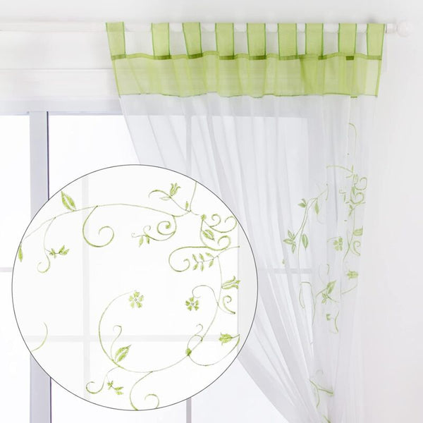 Green Floral Sheer Voile Embroidery Tab Top Curtains 2 Panels W140cm Curtains & Drapes