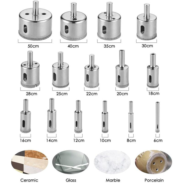 Diamond Drill Bit 15 Pcs Hole Saw Tools Set For Glass/Tile/Ceramic/Marble/Porcelain Carbon Steel Drill Bits