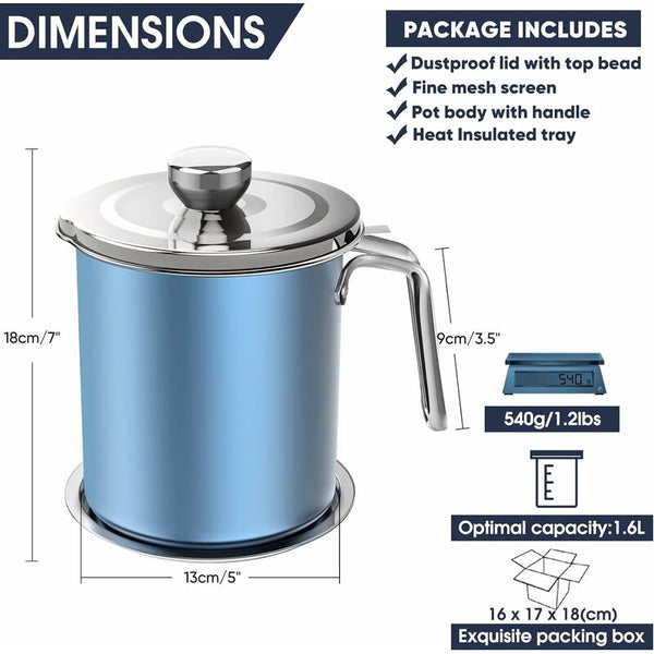 Oil Pot Grease Can Stainless Steel Storage With 1.6 Liter Dustproof Lid For Fine Mesh Strainer Non Slip Plate Other Kitchen Gadgets