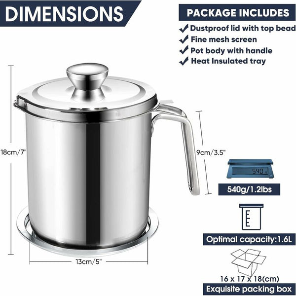 Oil Pot Grease Can Stainless Steel Storage With 2 Liter In Dust Cover For Fine Mesh Sieve Non Slip Plate Frying Other Kitchen Gadgets
