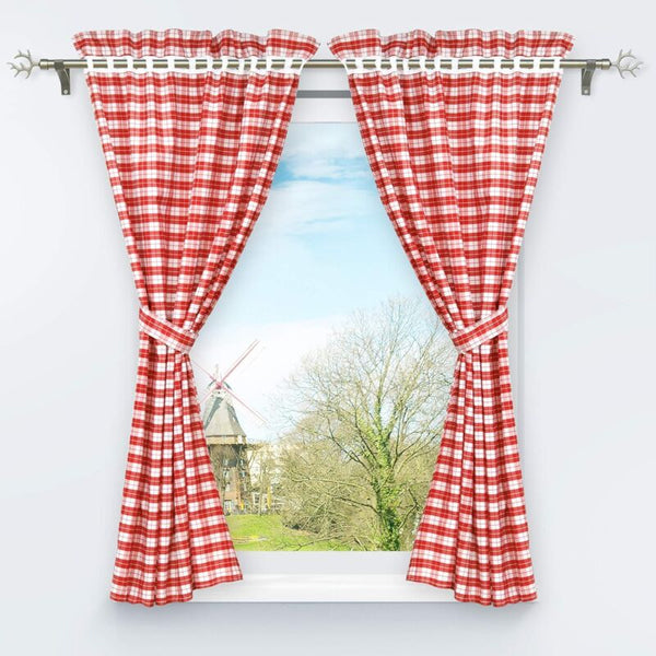 2Pcs Set Perforated Opaque Curtains With Tiebacks Plaid Pattern Window Decoration For Bedroom Indoor Red And White 120 X 80Cm Curtains & Drapes