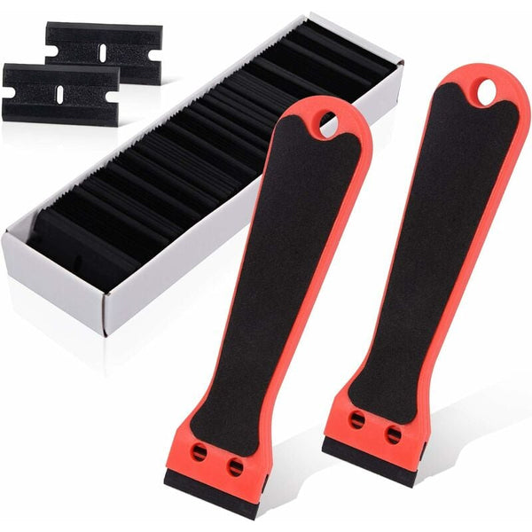 2 Plastic Scrapers With 100 Blades Long Handle For Labels Glue Paint Squeegees & Window Cleaning