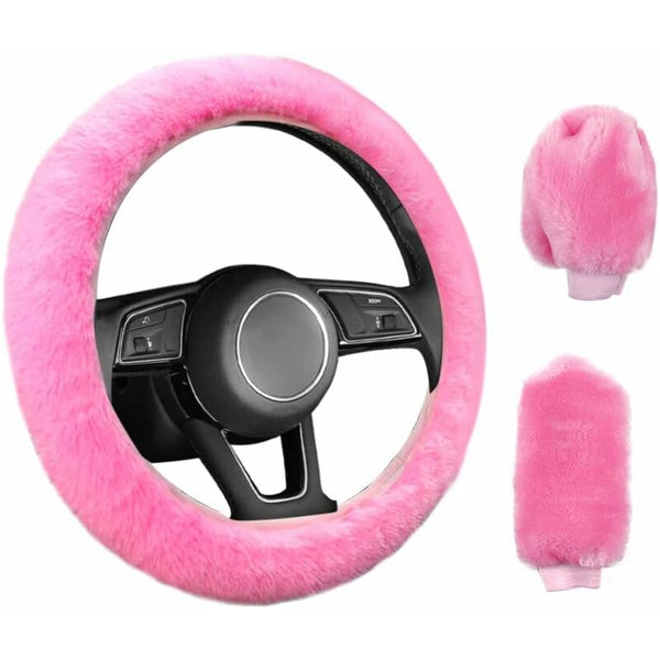 3 Pcs Car Steering Wheel Cover Anti Slip Elastic Pink Plush Universal With Handbrake And Gear Steering Wheel Covers