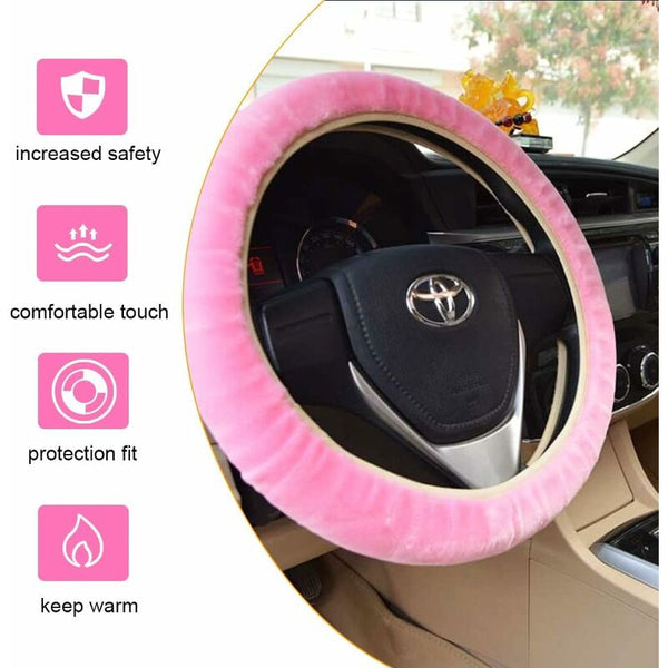 3 Pcs Car Steering Wheel Cover Anti Slip Elastic Pink Plush Universal With Handbrake And Gear Steering Wheel Covers