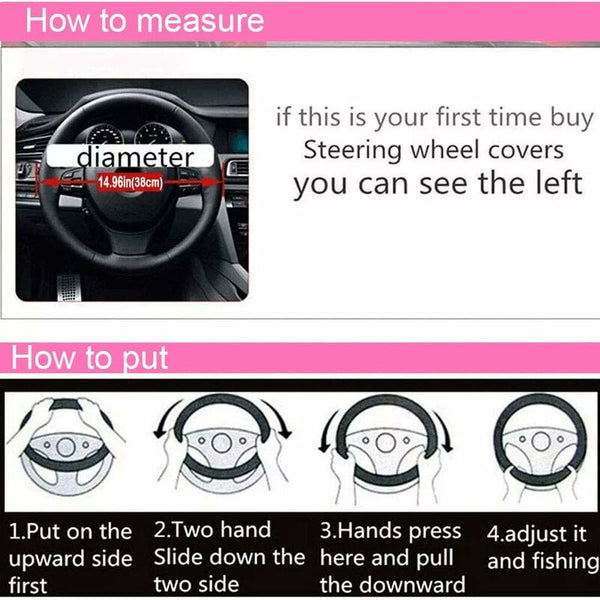 3 Pcs Car Steering Wheel Cover Anti Slip Elastic Pink Plush Universal With Handbrake And Gear Steering Wheel Covers