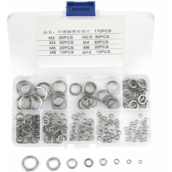 180 Pcs Size 304 Stainless Steel Spring Washer Assortment Kit Washers M2.5 M3 M4 M5 M6 M8 M10 Screws & Bolts