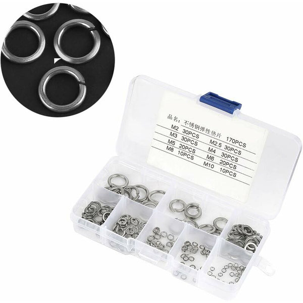 180 Pcs Size 304 Stainless Steel Spring Washer Assortment Kit Washers M2.5 M3 M4 M5 M6 M8 M10 Screws & Bolts
