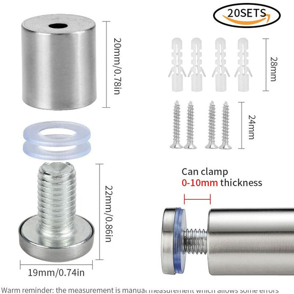 20 Pcs Glass Standoffs 19 X 25Mm Screws Stainless Steel Wall Mount For Advertising Nails Plaques Screws & Bolts