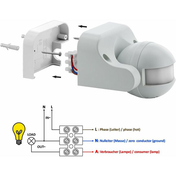 1X Infrared Motion Detector Surface Wall Mount Indoor Outdoor Splashproof 180A Tiltable Working Area 12M Range White Sensors & Motion Detectors