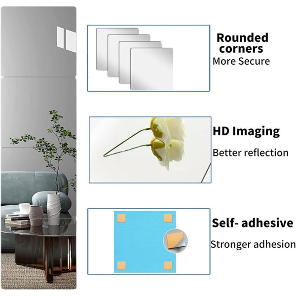 4X 20Cm Acrylic Mirror Flexible Adhesive Decorative Tiles Wall Stickers