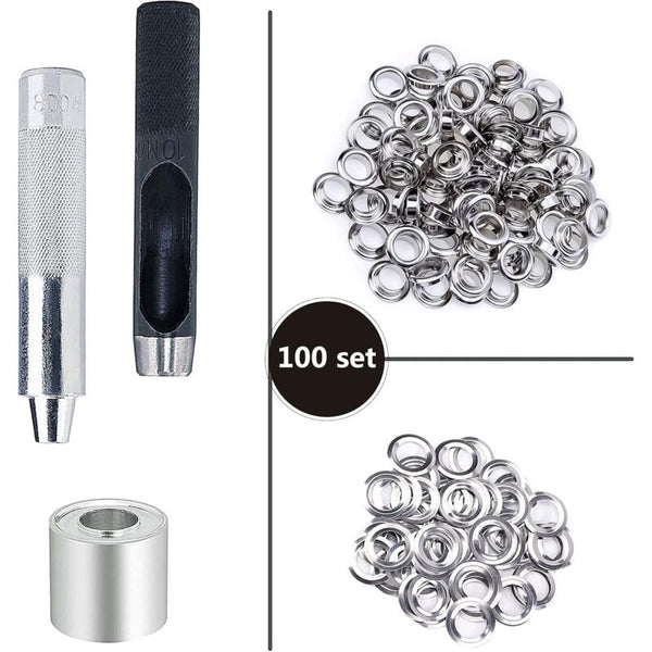 Grommet Kit Tools 10Mm Metal Eyelets Sets 100 Grommets For Canvas Tarpaulin Tent Repair Silver (2/5 Screws & Bolts