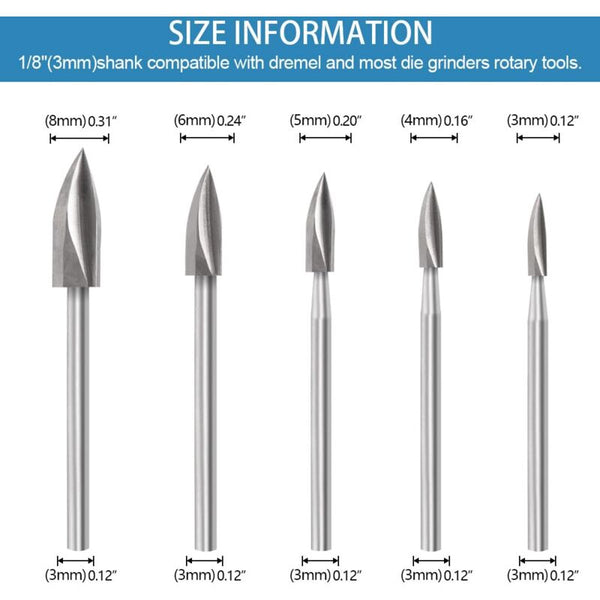 Wood Carving Bit Set For Rotary Tool 5 Pieces Bits With 1/8 Inch Shank Diy Woodworking Engraving Wood Carving Kits