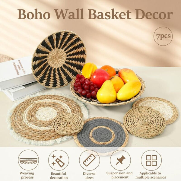 7 Pcs Set Handmade Bohemian Wall Hanging Basket Wicker Rattan Decor For Bedroom Dining Room Office Storage Bins & Baskets