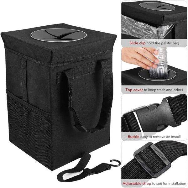 Car Trash Can With Lid Hanging Garbage Bag Storage Pockets Foldable And Portable Waterproof Organizer Large Rubbish Bins