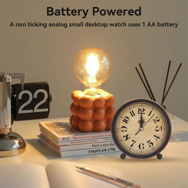Retro Analog Round Alarm Clock Small Desk Super Quiet Non Ticking Alarm Clocks & Clock Radios