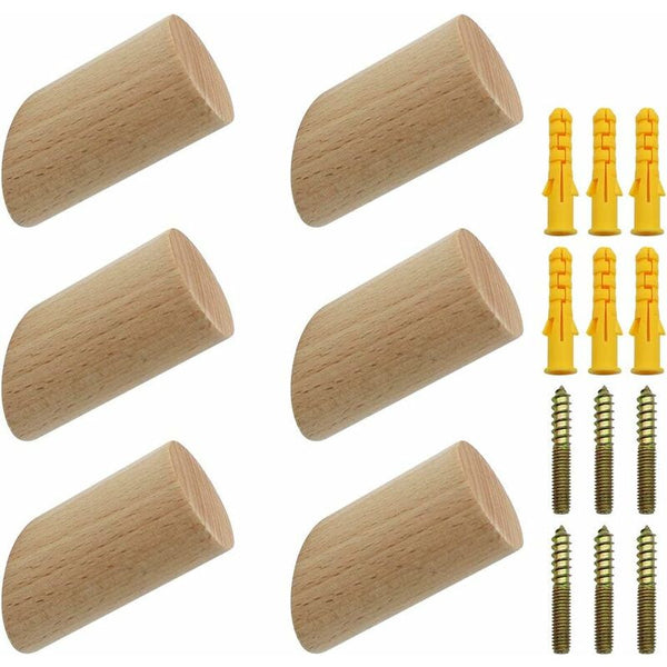 6 Pcs Beech Wood Wall Hooks Set 3X6cm Cylinder Coat & Hat Rack Coat & Hat Racks