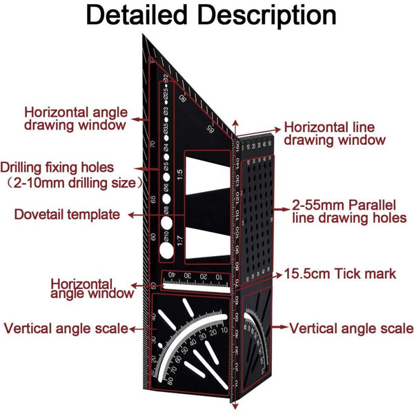 3D Aluminum Alloy Carpenter Square 90 To 45 Degree Professional Angle Ruler Woodworking Measuring Suitable For Measuring Tapes & Rulers