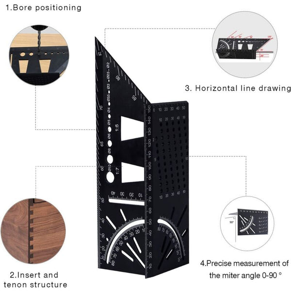 3D Aluminum Alloy Carpenter Square 90 To 45 Degree Professional Angle Ruler Woodworking Measuring Suitable For Measuring Tapes & Rulers