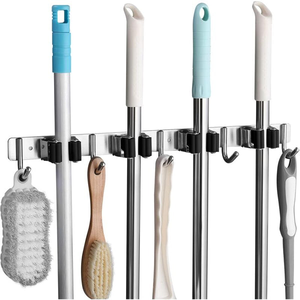 Stainless Steel Wall Mounted Broom Holder Hanger With 4 Slots And 5 Hooks For Kitchen Bathroom Hooks & Hangers