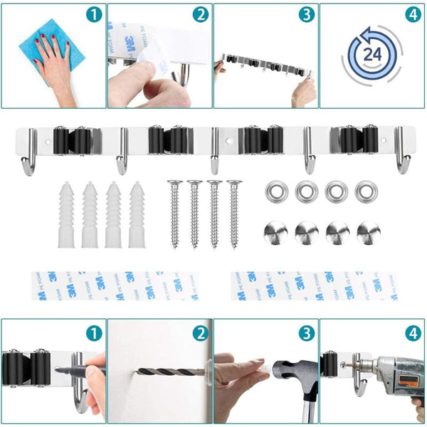 Stainless Steel Wall Mounted Broom Holder Hanger With 4 Slots And 5 Hooks For Kitchen Bathroom Hooks & Hangers