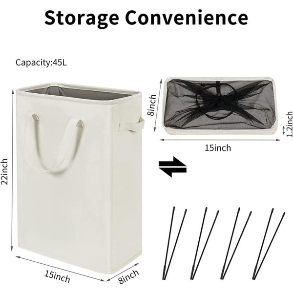 Long Foldable Laundry Basket With Handles 45L Beige Laundry Baskets & Hampers