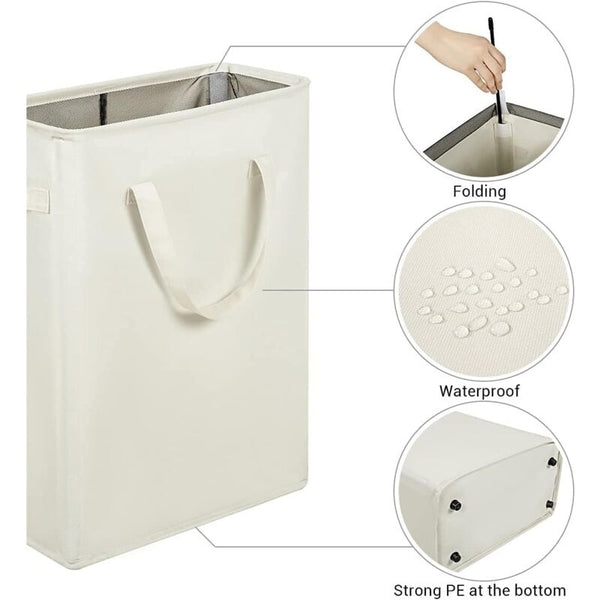 Long Foldable Laundry Basket With Handles 45L Beige Laundry Baskets & Hampers