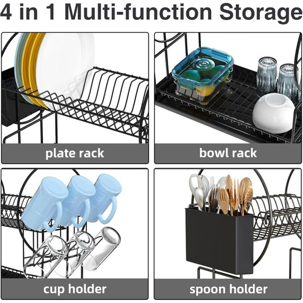 Black 2 Tier Stainless Steel Kitchen Dish Drainer With Utensil Holder Kitchen Sinks