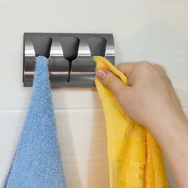Adhesive Bathroom Towel Holder With 3 Hooks Stainless Steel 10Kg Capacity Towel Racks