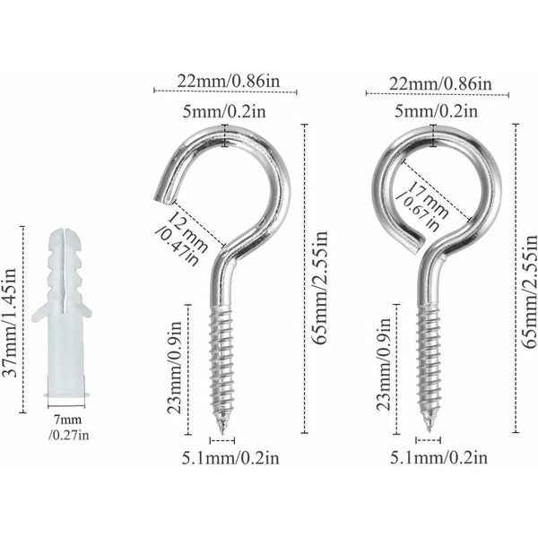 10 Pcs Eyebolts Screws Stainless Steel Hooks With 10Pcs Dowels Kit 5 65Mm For Chandeliers Crafts Screws & Bolts