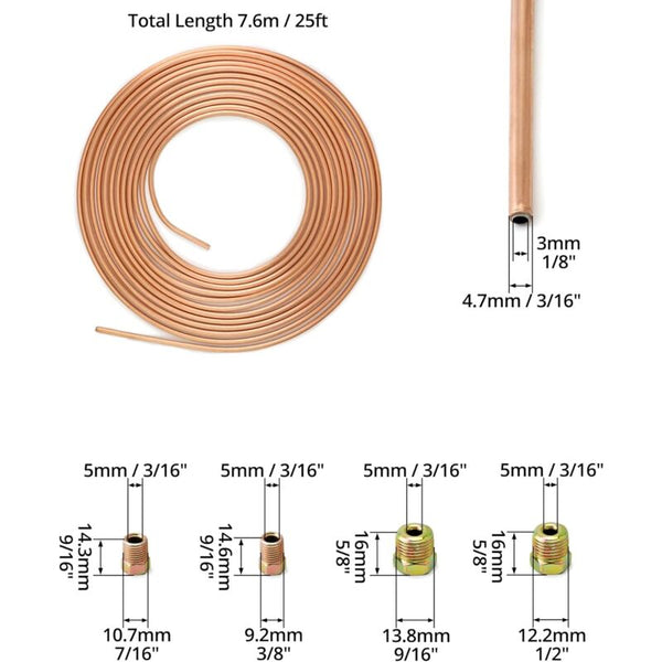 7.6M Brake Copper Hose Pipe Tube Od 4.76Mm Id 3.3Mm With 16 Nuts Brake Parts