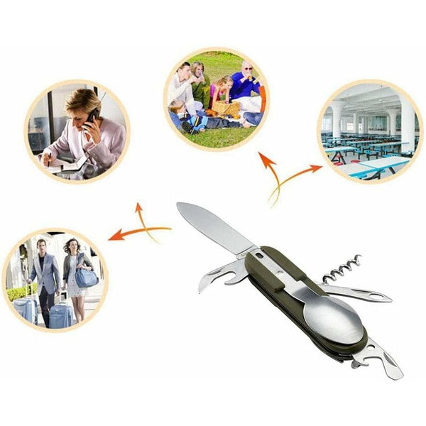 Stainless Steel Folding Tableware Set For Outdoor Camping 7 In 1 Multi Function Tool Removable Outdoor Tableware