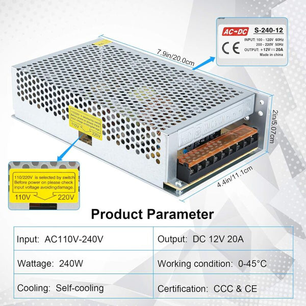 Switching Power Supply 12V 20A Led Transformer 240W Ac 110V / 240V Dc Converter Power Transformers
