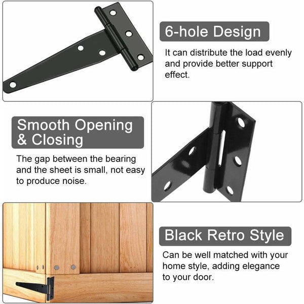 6 Pcs Black T Hinge Barn Door 4 Inch Exterior Hinges With 36 Screws Iron Heavy Duty For Door Hinges