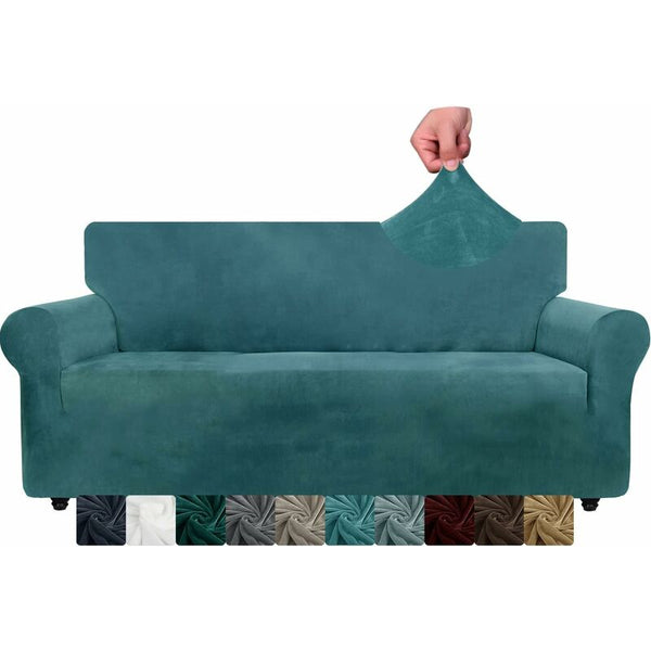 3 Seater Velvet Sofa Cover Stretch Slipcover Pea Blue Slipcovers