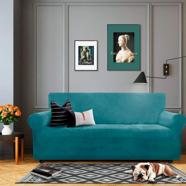 3 Seater Velvet Sofa Cover Stretch Slipcover Pea Blue Slipcovers