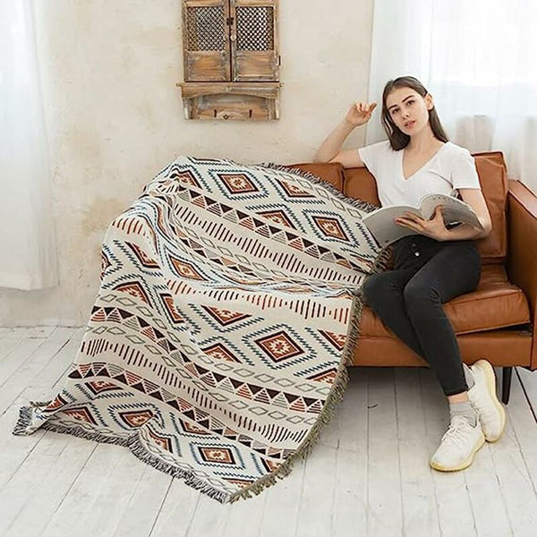 Sofa Blanket With Tassel Couch Throw Knitted Aztec Ethnic Style Home Office Travel Camping 130Cm X 180Cm Blankets