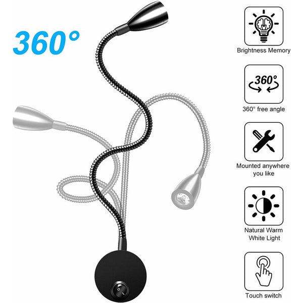 Bedside Wall Lamp 2 Pack Lights Mounted Reading Led Gooseneck 3W 6000K Warm White Lamp. Lamps