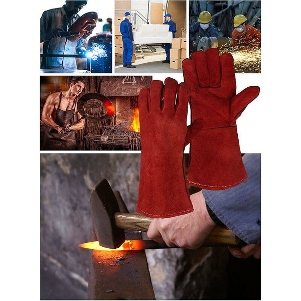 Heavy Duty Large Heat Resistant Leather Lined For Wood Stove Log Burner Bbq Gardening Men Welding Gloves