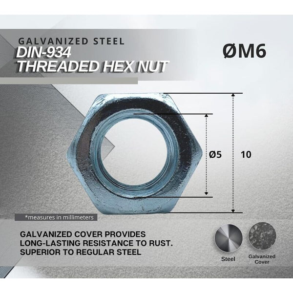 Nut 50 Hexagonal M6 5Mm X 10Mm Galvanized Steel Din 934 For Bolts And Nuts Coupling Elements Adjustment Screws & Bolts