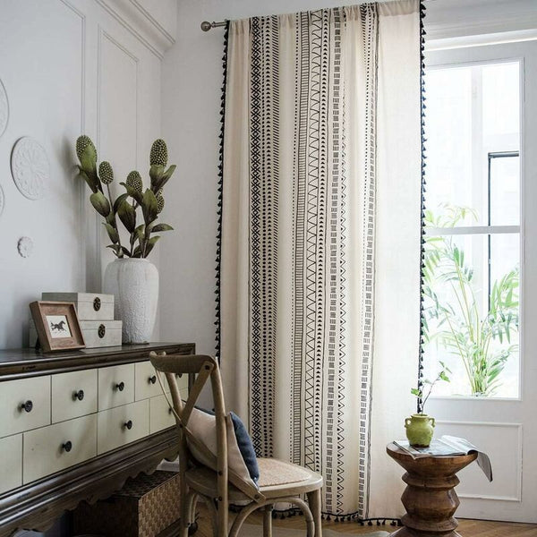 1 Panel Bohemian Curtains Cotton Linen Black Tassel For Living Room Bedroom (White 150 X 180 Cm) Curtains & Drapes