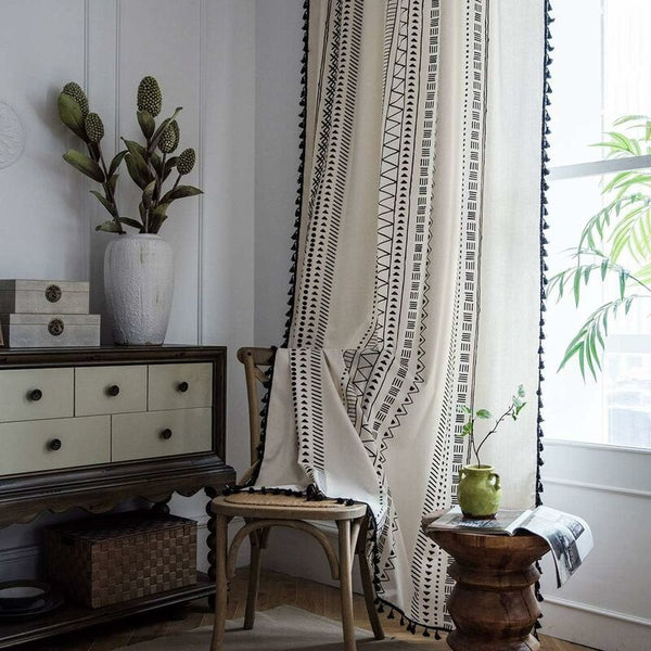 1 Panel Bohemian Curtains Cotton Linen Black Tassel For Living Room Bedroom (White 150 X 180 Cm) Curtains & Drapes